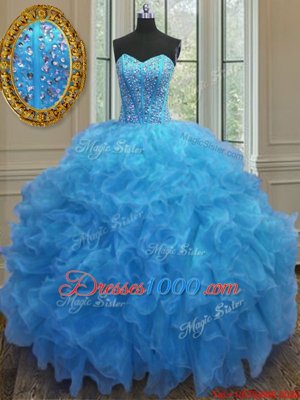 Baby Blue Ball Gowns Organza Sweetheart Sleeveless Beading and Ruffles Floor Length Side Zipper Sweet 16 Quinceanera Dress