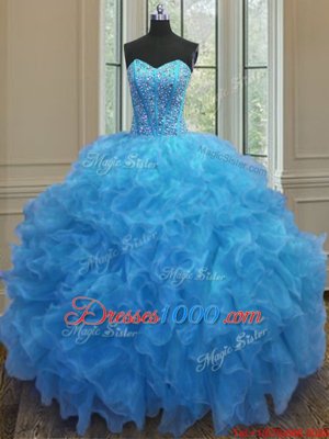 Baby Blue Ball Gowns Organza Sweetheart Sleeveless Beading and Ruffles Floor Length Side Zipper Sweet 16 Quinceanera Dress