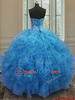 Baby Blue Ball Gowns Organza Sweetheart Sleeveless Beading and Ruffles Floor Length Side Zipper Sweet 16 Quinceanera Dress