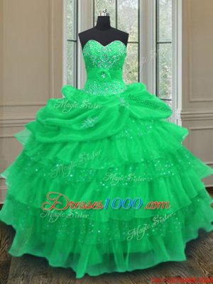 Pick Ups Ruffled Floor Length Green Sweet 16 Dress Halter Top Sleeveless Lace Up
