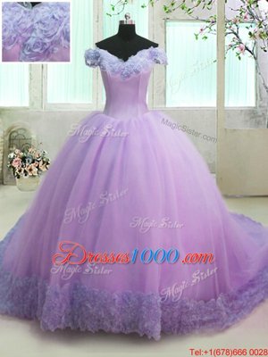 Super Off The Shoulder Short Sleeves Sweet 16 Quinceanera Dress With Train Court Train Hand Made Flower Lilac Organza