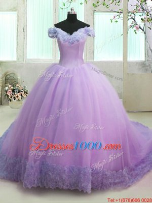 Super Off The Shoulder Short Sleeves Sweet 16 Quinceanera Dress With Train Court Train Hand Made Flower Lilac Organza