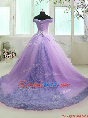 Super Off The Shoulder Short Sleeves Sweet 16 Quinceanera Dress With Train Court Train Hand Made Flower Lilac Organza