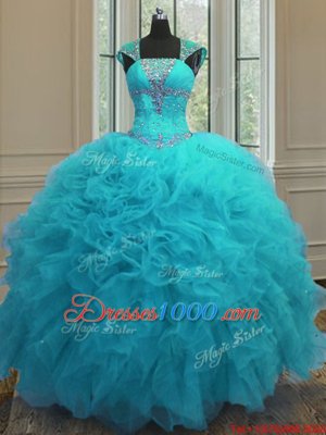 Straps Straps Cap Sleeves Floor Length Beading and Ruffles and Sequins Lace Up Quinceanera Dress with Aqua Blue