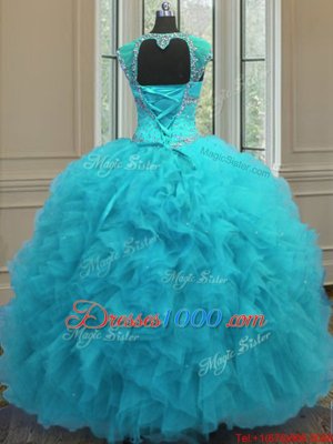 Straps Straps Cap Sleeves Floor Length Beading and Ruffles and Sequins Lace Up Quinceanera Dress with Aqua Blue