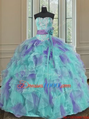 Custom Design Sweetheart Sleeveless Organza Sweet 16 Dresses Beading and Appliques and Ruffles and Sashes|ribbons and Hand Made Flower Lace Up