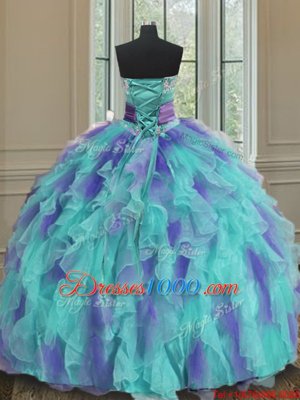 Custom Design Sweetheart Sleeveless Organza Sweet 16 Dresses Beading and Appliques and Ruffles and Sashes|ribbons and Hand Made Flower Lace Up