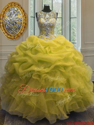 Pick Ups Scoop Sleeveless Lace Up Quinceanera Gown Yellow Organza