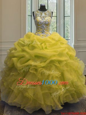 Pick Ups Scoop Sleeveless Lace Up Quinceanera Gown Yellow Organza