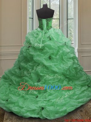 Sweetheart Sleeveless Organza 15 Quinceanera Dress Beading and Appliques and Pick Ups Court Train Lace Up