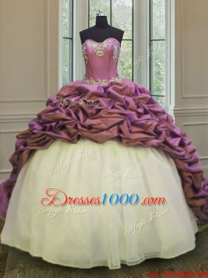 Pick Ups Sweetheart Sleeveless Sweep Train Lace Up Ball Gown Prom Dress White And Purple Organza and Taffeta