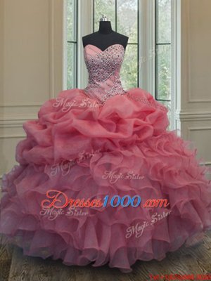 Sexy Organza Sleeveless Floor Length Sweet 16 Dresses and Beading and Ruffles and Pick Ups