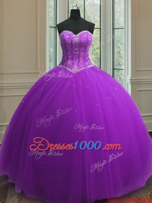 Elegant Beading and Sequins Quince Ball Gowns Purple Lace Up Sleeveless Floor Length