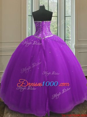 Elegant Beading and Sequins Quince Ball Gowns Purple Lace Up Sleeveless Floor Length