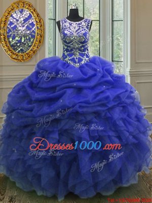 Scoop Beading and Ruffles and Pick Ups Quince Ball Gowns Royal Blue Lace Up Sleeveless Floor Length
