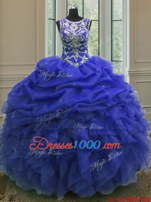 Scoop Beading and Ruffles and Pick Ups Quince Ball Gowns Royal Blue Lace Up Sleeveless Floor Length