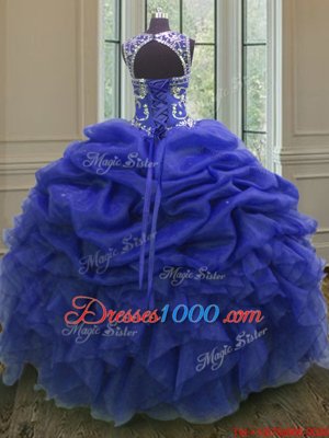 Scoop Beading and Ruffles and Pick Ups Quince Ball Gowns Royal Blue Lace Up Sleeveless Floor Length