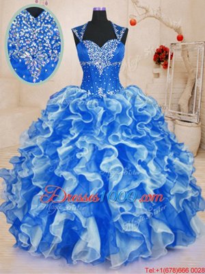 Royal Blue Ball Gowns Beading and Ruffles Sweet 16 Dress Lace Up Organza Sleeveless Floor Length