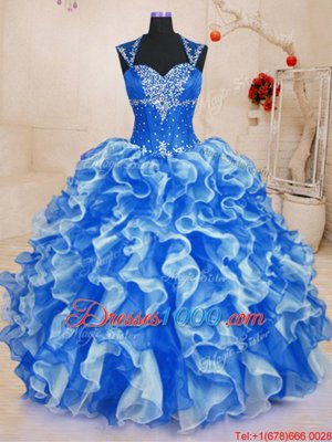 Royal Blue Ball Gowns Beading and Ruffles Sweet 16 Dress Lace Up Organza Sleeveless Floor Length