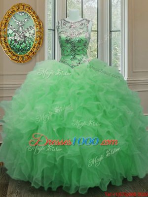 Scoop Organza Sleeveless Floor Length Quince Ball Gowns and Beading and Ruffles