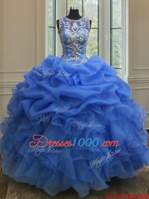 Elegant Ball Gowns Scoop Sleeveless Organza Floor Length Lace Up Beading and Ruffles and Pick Ups Sweet 16 Dress