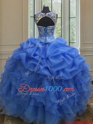 Elegant Ball Gowns Scoop Sleeveless Organza Floor Length Lace Up Beading and Ruffles and Pick Ups Sweet 16 Dress