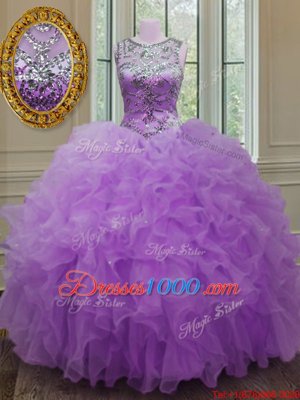 Organza Scoop Sleeveless Lace Up Beading and Ruffles Sweet 16 Dresses in Lilac