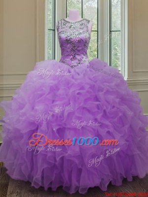 Organza Scoop Sleeveless Lace Up Beading and Ruffles Sweet 16 Dresses in Lilac