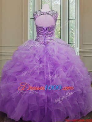 Organza Scoop Sleeveless Lace Up Beading and Ruffles Sweet 16 Dresses in Lilac