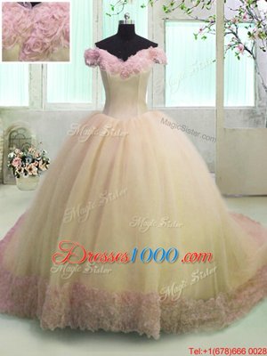 Spectacular Off the Shoulder Yellow Short Sleeves Organza Court Train Lace Up 15th Birthday Dress for Military Ball and Sweet 16 and Quinceanera