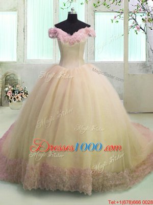 Spectacular Off the Shoulder Yellow Short Sleeves Organza Court Train Lace Up 15th Birthday Dress for Military Ball and Sweet 16 and Quinceanera