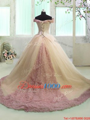 Spectacular Off the Shoulder Yellow Short Sleeves Organza Court Train Lace Up 15th Birthday Dress for Military Ball and Sweet 16 and Quinceanera