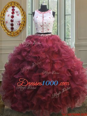Scoop Red Sleeveless Organza Clasp Handle Quinceanera Dress for Military Ball and Sweet 16 and Quinceanera