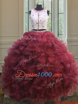 Scoop Red Sleeveless Organza Clasp Handle Quinceanera Dress for Military Ball and Sweet 16 and Quinceanera