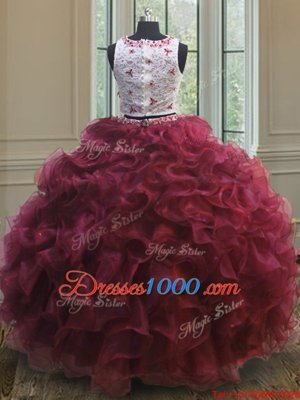 Scoop Red Sleeveless Organza Clasp Handle Quinceanera Dress for Military Ball and Sweet 16 and Quinceanera