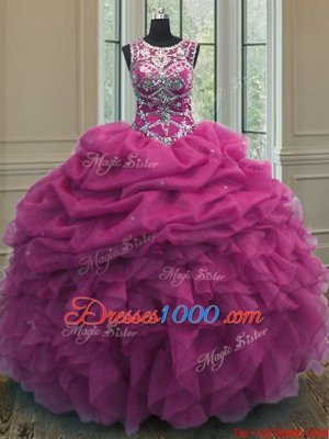 Scoop Fuchsia Sleeveless Beading and Ruffles and Pick Ups Floor Length 15 Quinceanera Dress