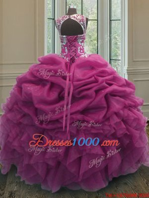 Scoop Fuchsia Sleeveless Beading and Ruffles and Pick Ups Floor Length 15 Quinceanera Dress