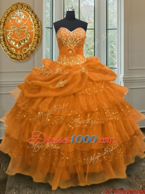 Orange Sweetheart Lace Up Beading and Ruffled Layers and Pick Ups Quinceanera Gown Sleeveless