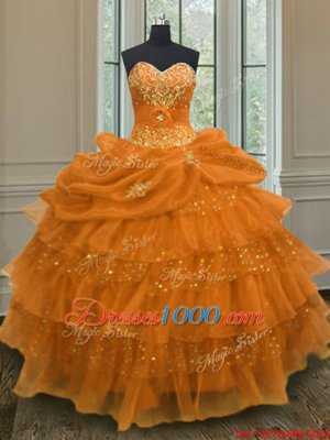 Orange Sweetheart Lace Up Beading and Ruffled Layers and Pick Ups Quinceanera Gown Sleeveless