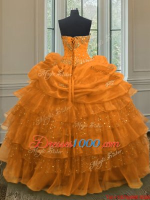 Orange Sweetheart Lace Up Beading and Ruffled Layers and Pick Ups Quinceanera Gown Sleeveless