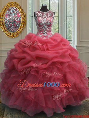 Scoop Coral Red Ball Gowns Beading and Ruffles and Pick Ups 15 Quinceanera Dress Lace Up Organza Sleeveless Floor Length