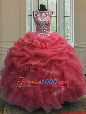 Scoop Coral Red Ball Gowns Beading and Ruffles and Pick Ups 15 Quinceanera Dress Lace Up Organza Sleeveless Floor Length