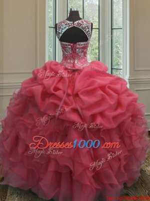 Scoop Coral Red Ball Gowns Beading and Ruffles and Pick Ups 15 Quinceanera Dress Lace Up Organza Sleeveless Floor Length