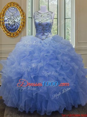 Scoop Blue Lace Up Sweet 16 Quinceanera Dress Beading and Ruffles Sleeveless Floor Length