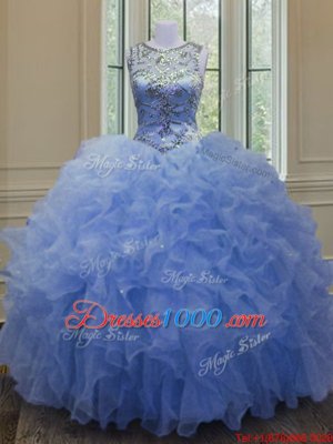 Scoop Blue Lace Up Sweet 16 Quinceanera Dress Beading and Ruffles Sleeveless Floor Length