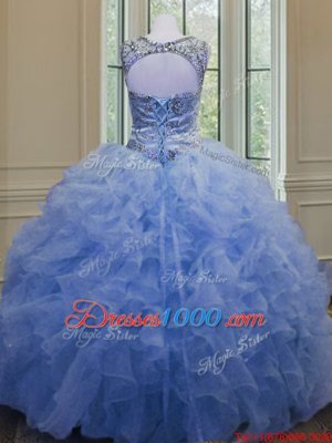 Scoop Blue Lace Up Sweet 16 Quinceanera Dress Beading and Ruffles Sleeveless Floor Length