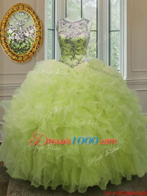 Scoop Yellow Green Sleeveless Organza Lace Up Quinceanera Dresses for Military Ball and Sweet 16 and Quinceanera