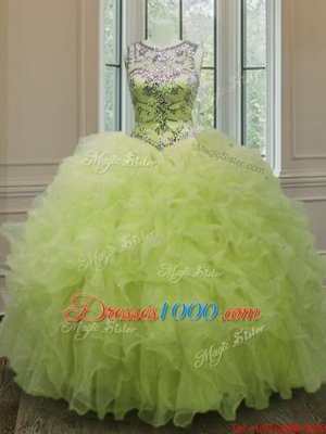 Scoop Yellow Green Sleeveless Organza Lace Up Quinceanera Dresses for Military Ball and Sweet 16 and Quinceanera