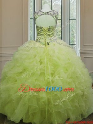 Scoop Yellow Green Sleeveless Organza Lace Up Quinceanera Dresses for Military Ball and Sweet 16 and Quinceanera