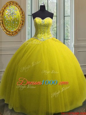 Yellow Ball Gowns Sweetheart Sleeveless Tulle Floor Length Lace Up Beading and Sequins 15 Quinceanera Dress